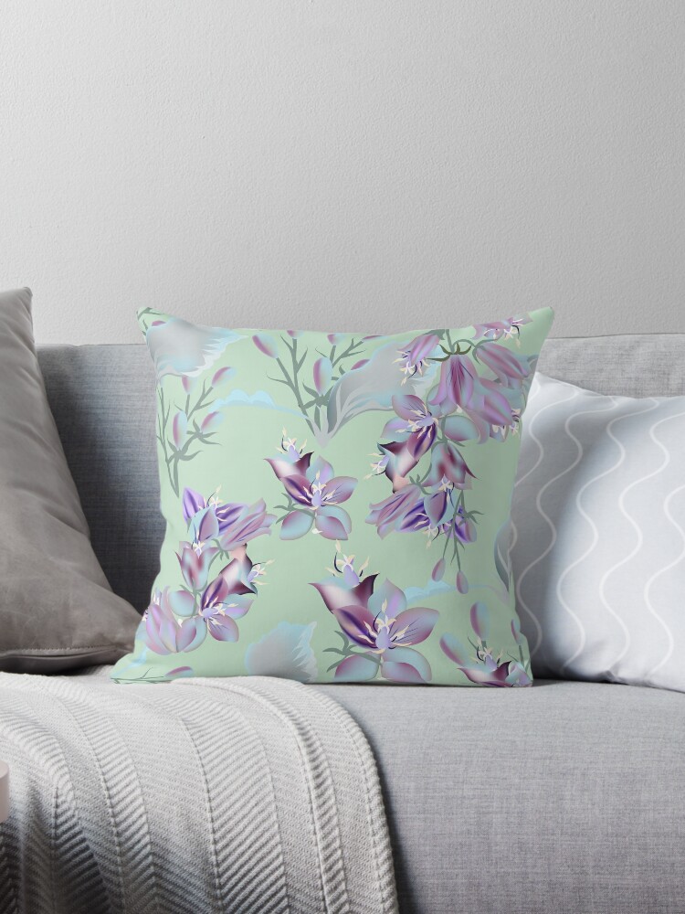 Purple Orchids Yellow Green Background Floral Pattern Pillow